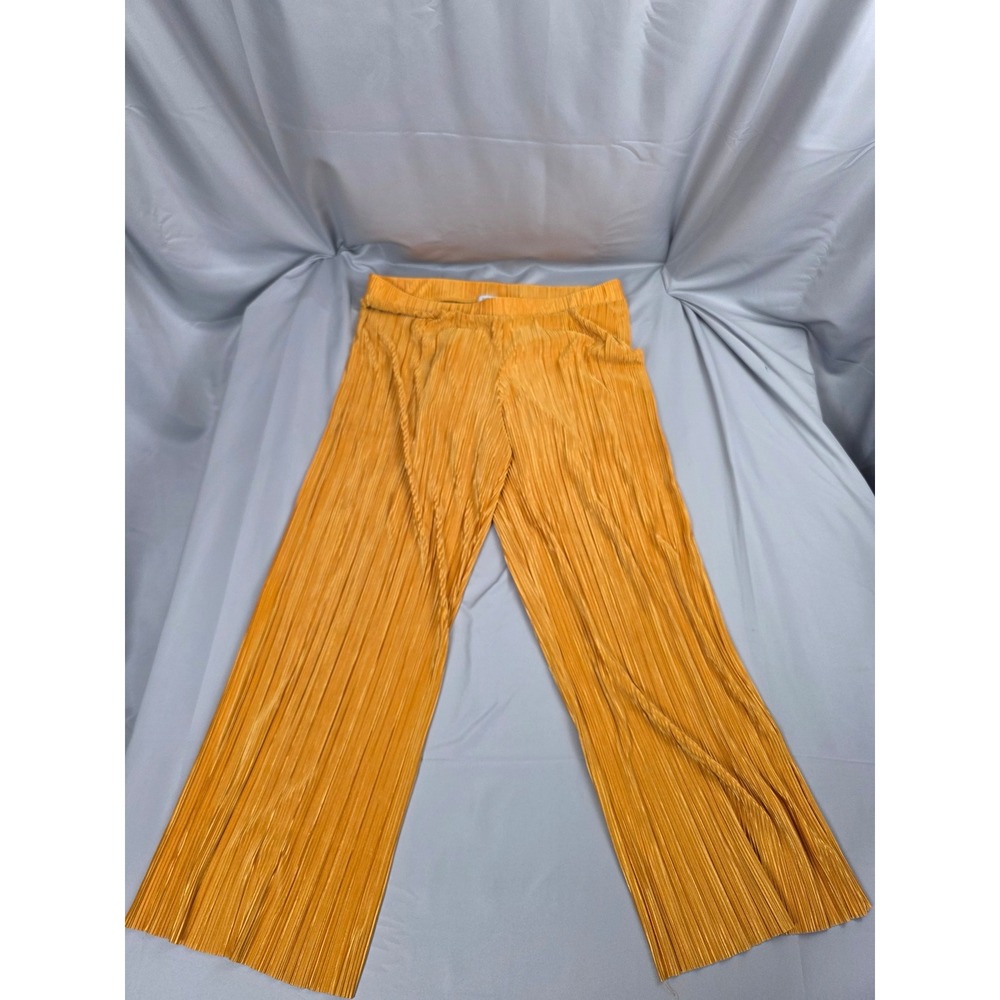 Rachel Zoe Mustard Yellow Gold Pleated Wide Leg Pants XL High Rise Accordion